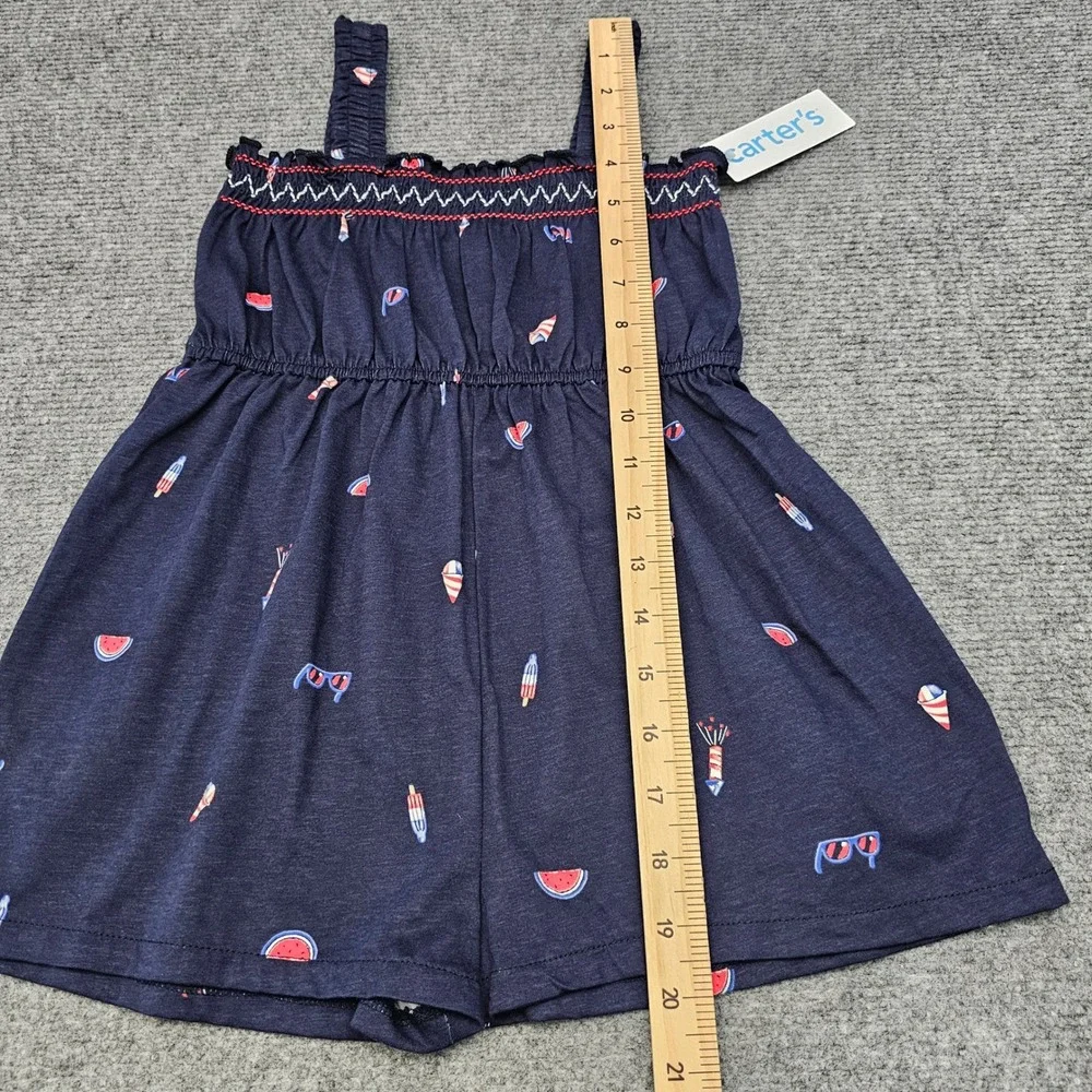 Carter's Romper Toddler 4T Summer Icons Navy Blue Smocked Cotton‎ Jumpsuit